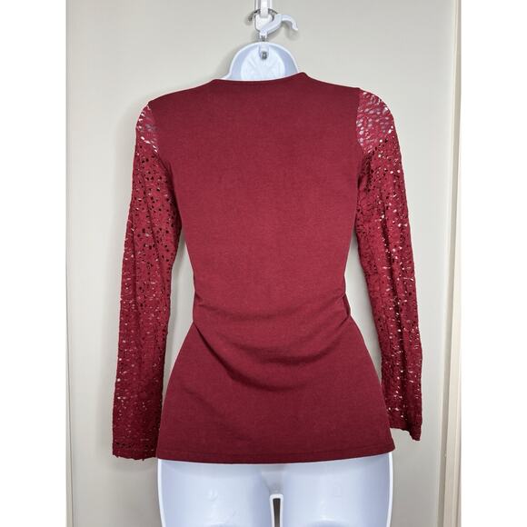 Hollister Y2K Womens Crochet Lace Long Sleeve Top S Burgundy Boho V-Neck Tie - Picture 3 of 12